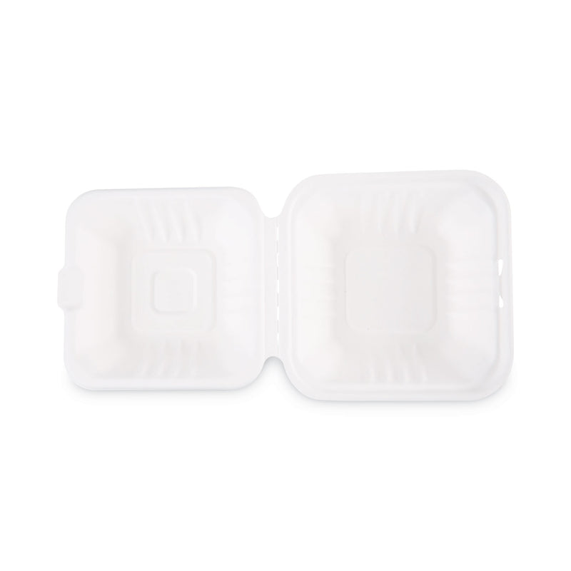 Boardwalk Bagasse Food Containers, Hinged-Lid, 1-Compartment 6 x 6 x 3.19, White, Sugarcane, 125/Sleeve, 4 Sleeves/Carton