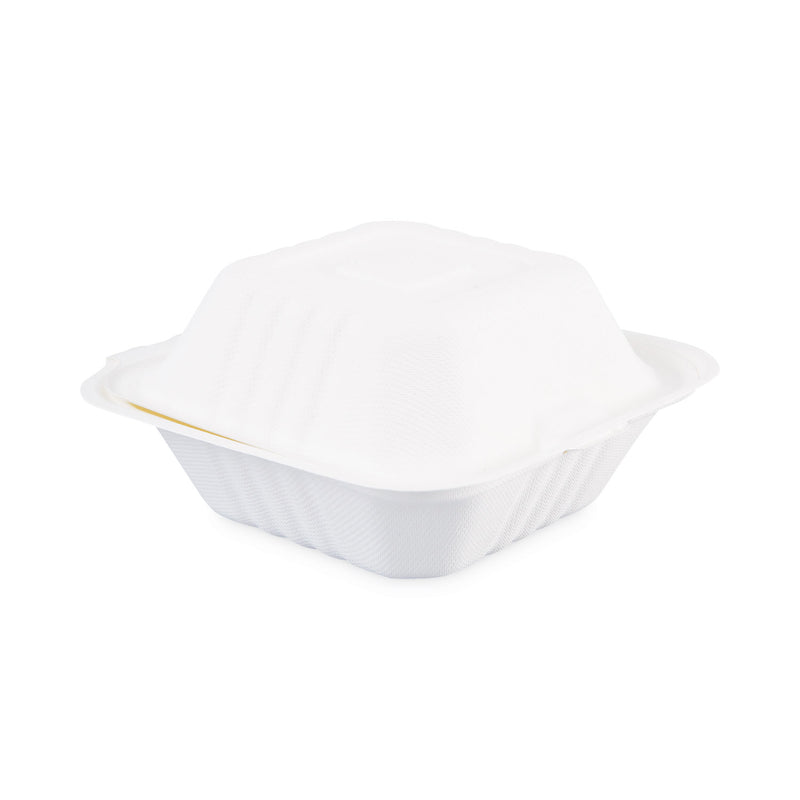 Boardwalk Bagasse Food Containers, Hinged-Lid, 1-Compartment 6 x 6 x 3.19, White, Sugarcane, 125/Sleeve, 4 Sleeves/Carton