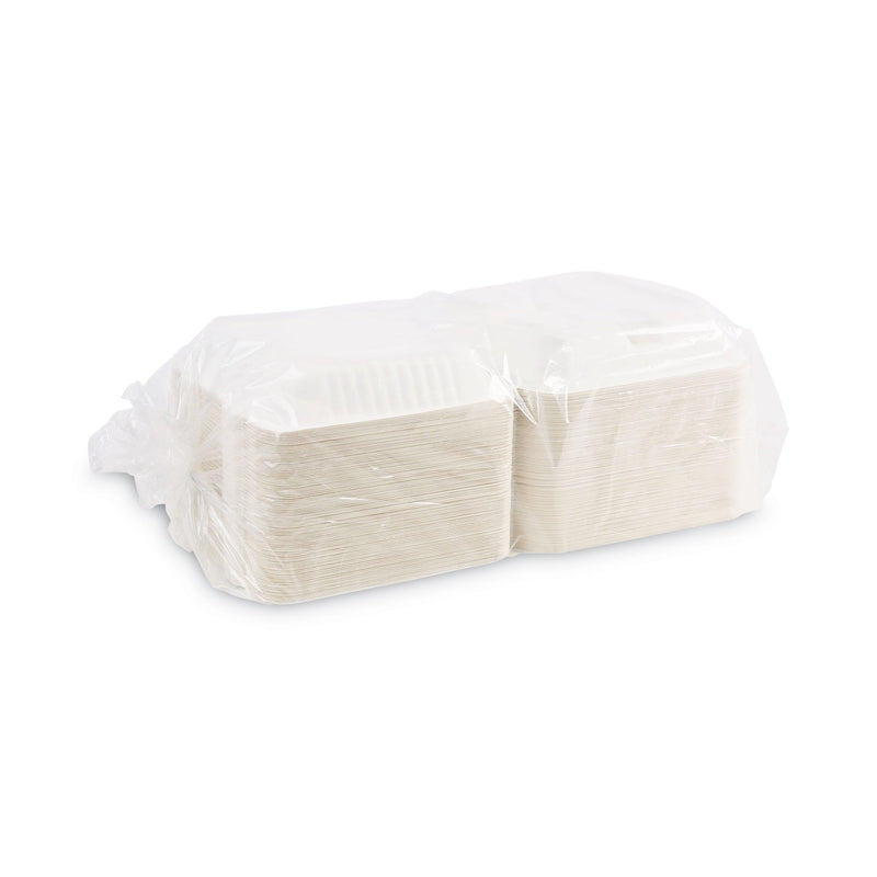 Boardwalk Bagasse Food Containers, Hinged-Lid, 3-Compartment 9 x 9 x 3.19, White, Sugarcane, 100/Sleeve, 2 Sleeves/Carton