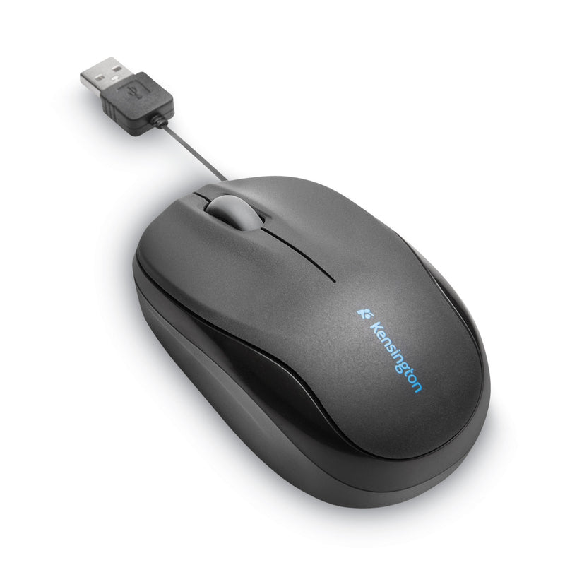 Kensington Pro Fit Optical Mouse with Retractable Cord, USB 2.0, Left/Right Hand Use, Black