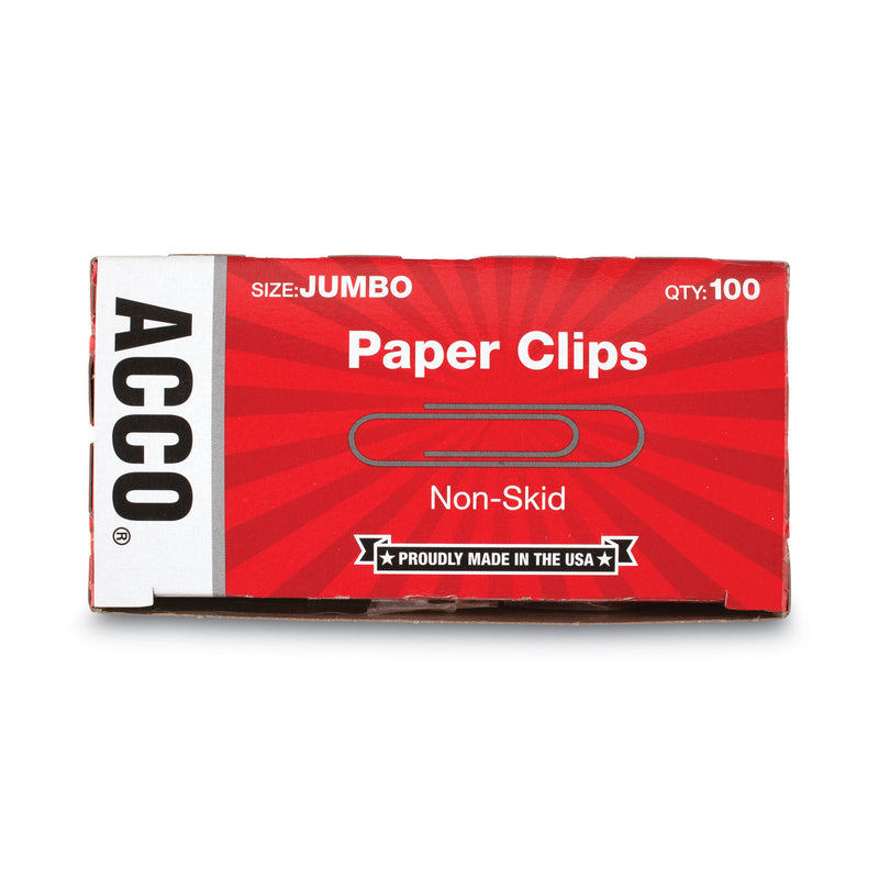 ACCO Paper Clips, Jumbo, Nonskid, Silver, 100 Clips/Box, 10 Boxes/Pack