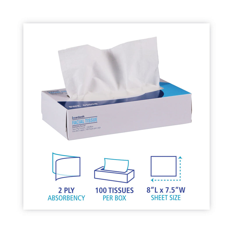 Boardwalk Office Packs Facial Tissue, 2-Ply, White, Flat Box, 100 Sheets/Box, 30 Boxes/Carton