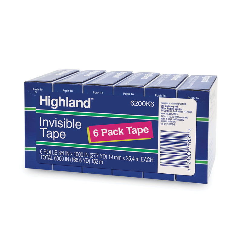 Highland Invisible Permanent Mending Tape, 1" Core, 0.75" x 83.33 ft, Clear, 6/Pack