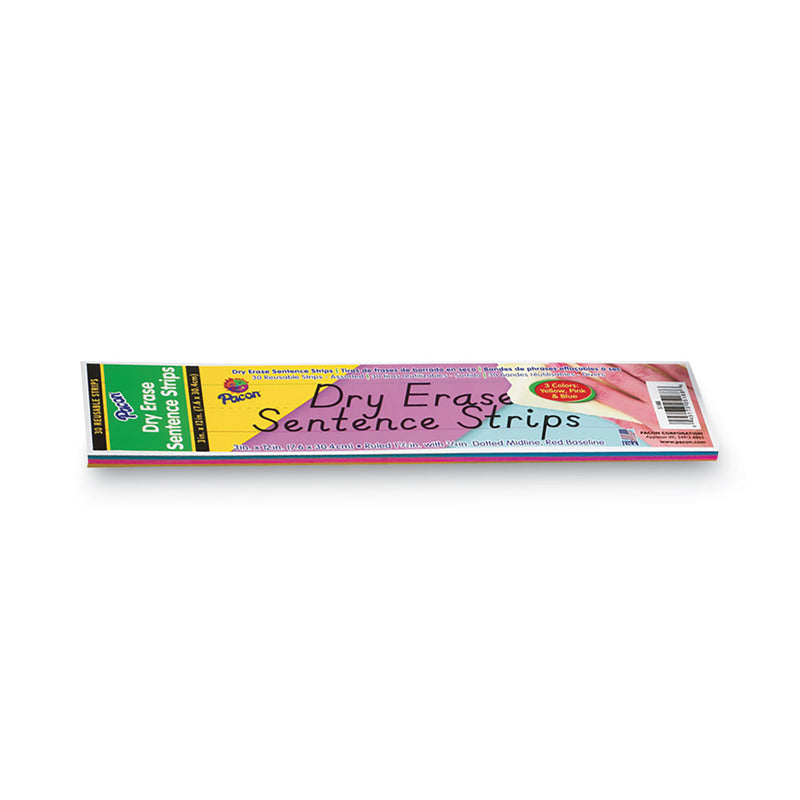 Pacon Dry Erase Sentence Strips, 12 x 3, Blue; Pink; Yellow, 30/Pack