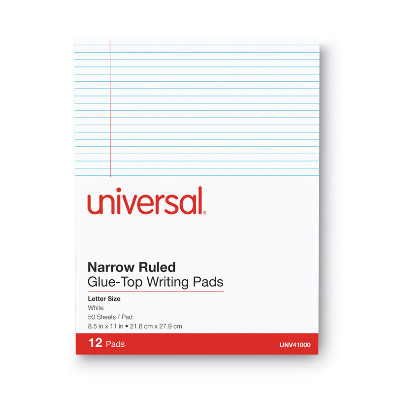 Universal Glue Top Pads, Narrow Rule, 50 White 8.5 x 11 Sheets, Dozen
