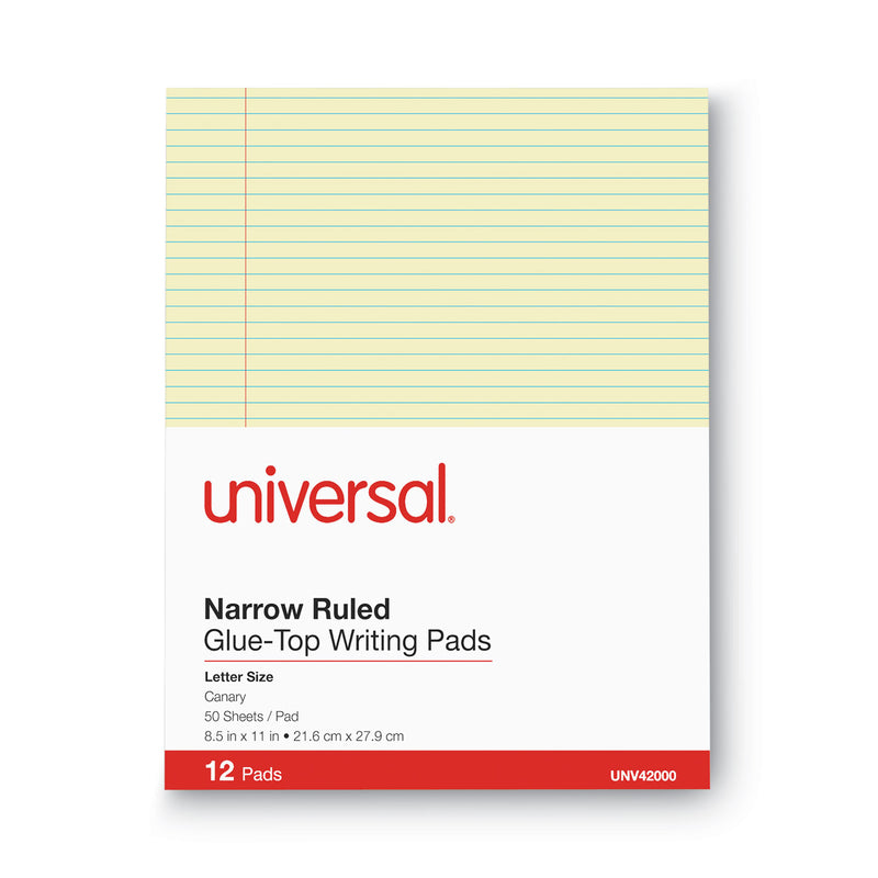 Universal Glue Top Pads, Narrow Rule, 50 Canary-Yellow 8.5 x 11 Sheets, Dozen