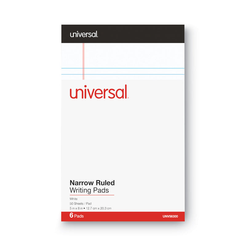 Universal Premium Ruled Writing Pads with Heavy-Duty Back, Narrow Rule, Black Headband, 50 White 5 x 8 Sheets, 6/Pack