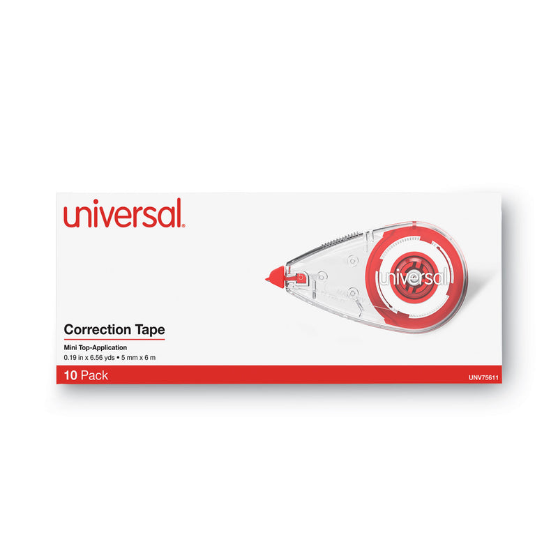 Universal Correction Tape, Mini Economy, Non-Refillable, Clear/Red Applicator, 0.25" x 275", 10/Pack