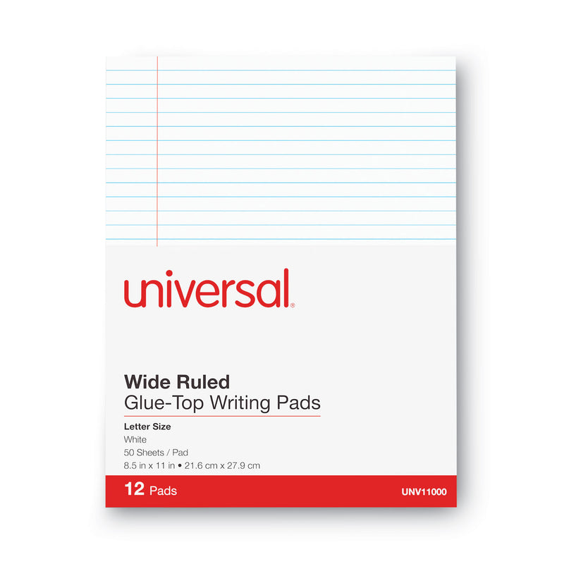 Universal Glue Top Pads, Wide/Legal Rule, 50 White 8.5 x 11 Sheets, Dozen