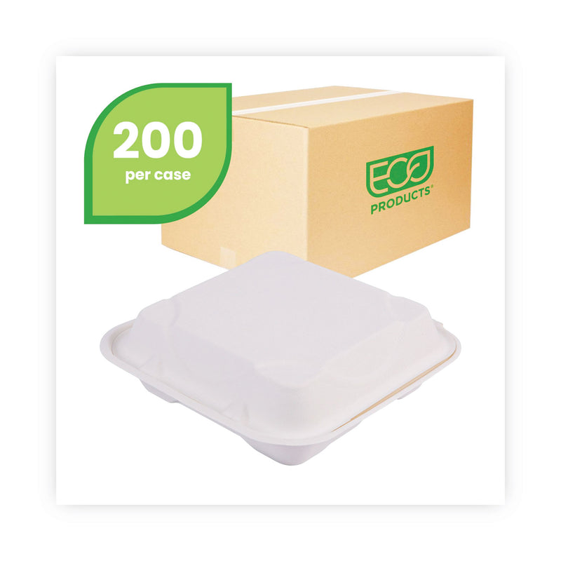 Eco-Products Renewable and Compost Sugarcane Clamshells, 3-Compartment, 9 x 9 x 3, White, 50/Pack, 4 Packs/Carton