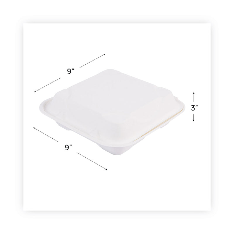 Eco-Products Renewable and Compost Sugarcane Clamshells, 3-Compartment, 9 x 9 x 3, White, 50/Pack, 4 Packs/Carton