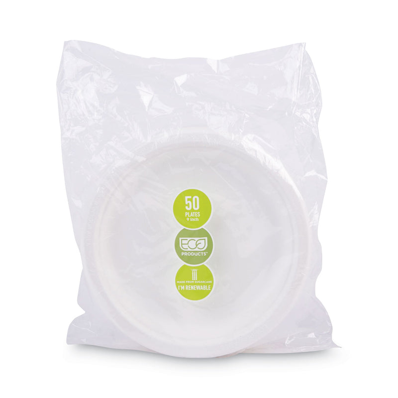 Eco-Products Renewable and Compostable Sugarcane Plates, 9" dia, Natural White, 50/Packs