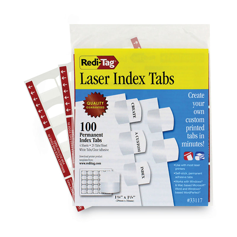 Redi-Tag Laser Printable Index Tabs, 1/5-Cut, White, 1.13" Wide, 100/Pack