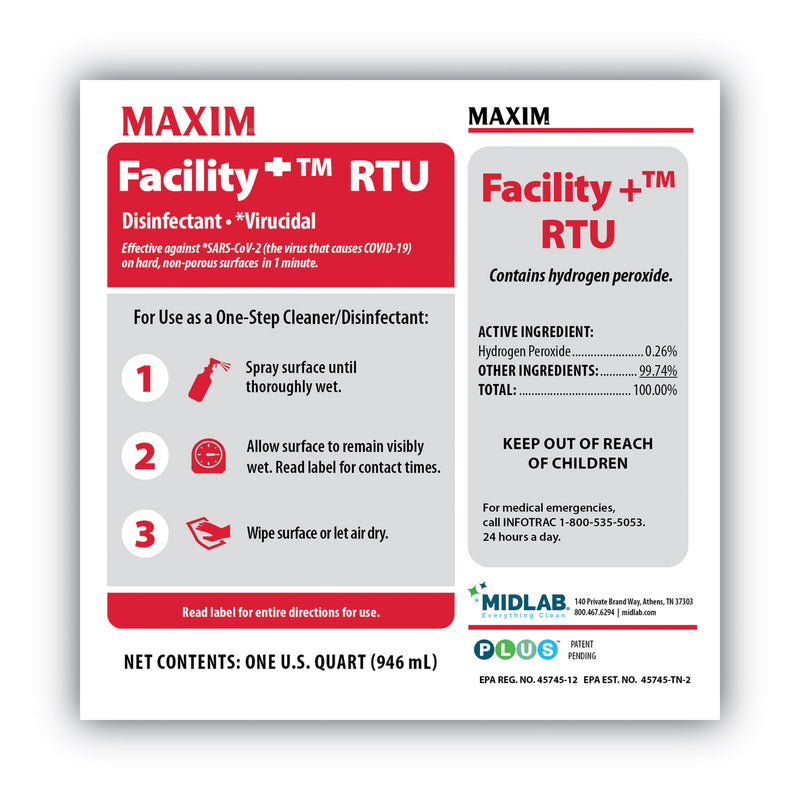 Maxim Facility+ RTU Disinfectant, Safe-to-Ship, Unscented, 32 oz, 6/Carton