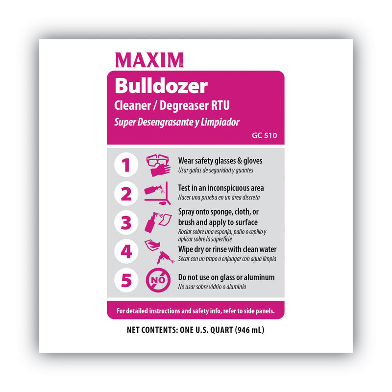 Maxim Bulldozer Cleaner/Degreaser RTU, Safe-to-Ship, Lemon Scent, 32 oz, 6/Carton