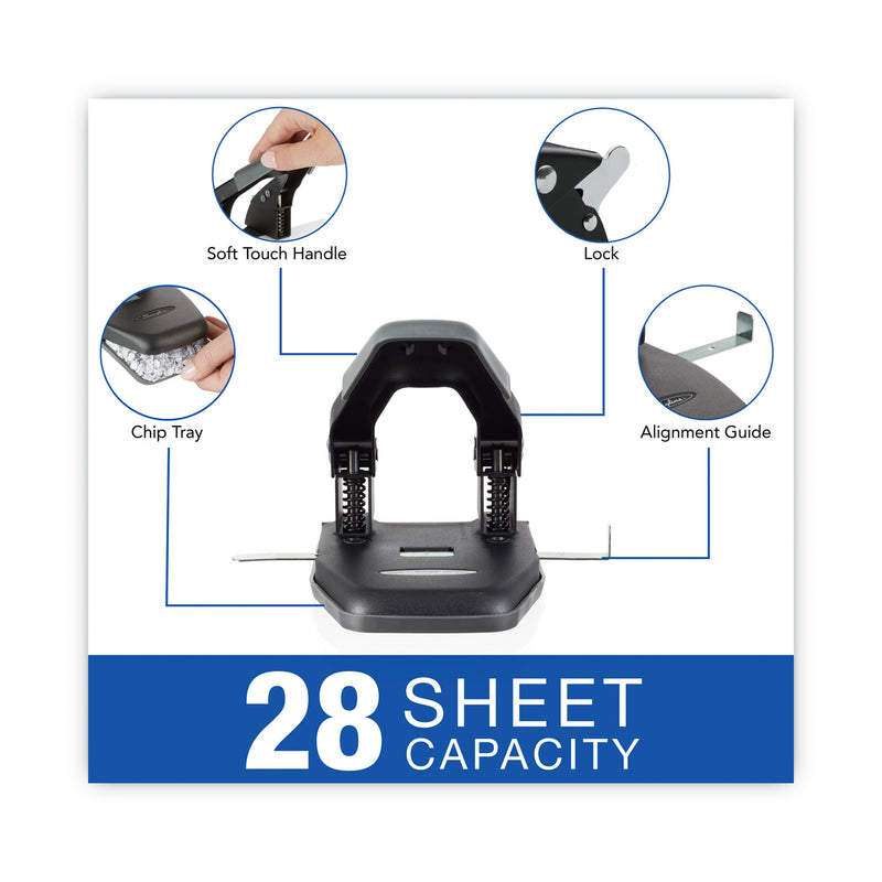 Swingline 28-Sheet Comfort Handle Steel Two-Hole Punch, 1/4" Holes, Black/Gray