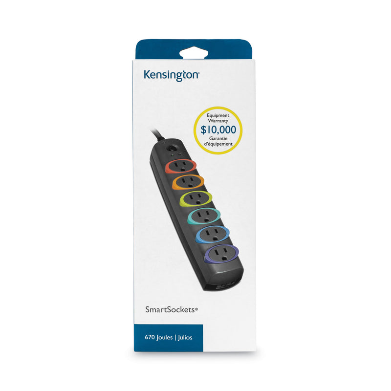 Kensington SmartSockets Color-Coded Strip Surge Protector, 6 AC Outlets, 6 ft Cord, 670 J, Black