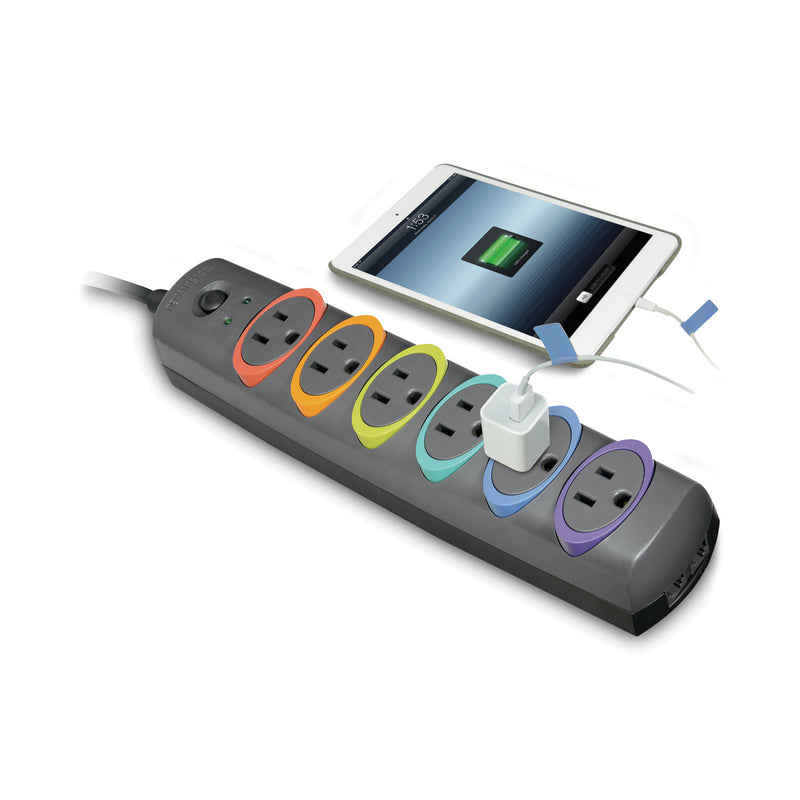 SmartSockets Color-Coded Strip Surge Protector, 6 AC Outlets, 8 ft Cord ...