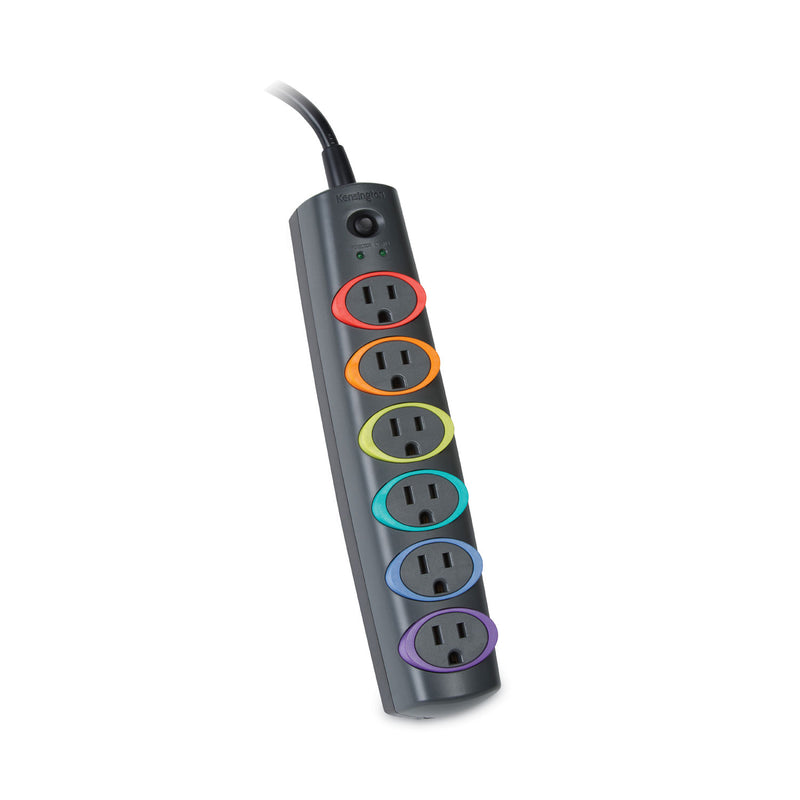 Kensington SmartSockets Color-Coded Strip Surge Protector, 6 AC Outlets, 7 ft Cord, 945 J, Black