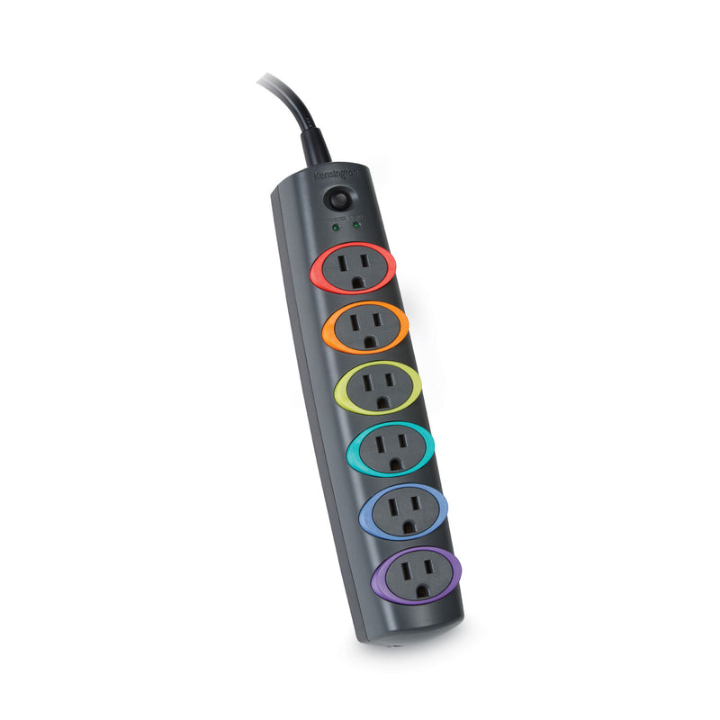 Kensington SmartSockets Color-Coded Strip Surge Protector, 6 AC Outlets, 8 ft Cord, 1,260 J, Black