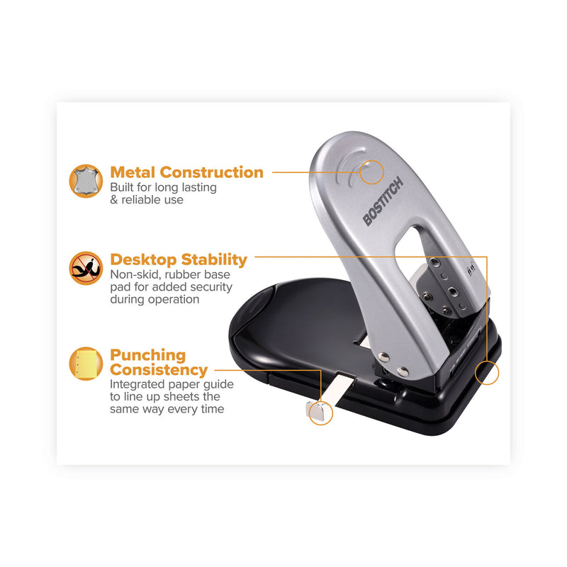 Bostitch 40-Sheet EZ Squeeze Two-Hole Punch, 9/32" Holes, Black/Silver