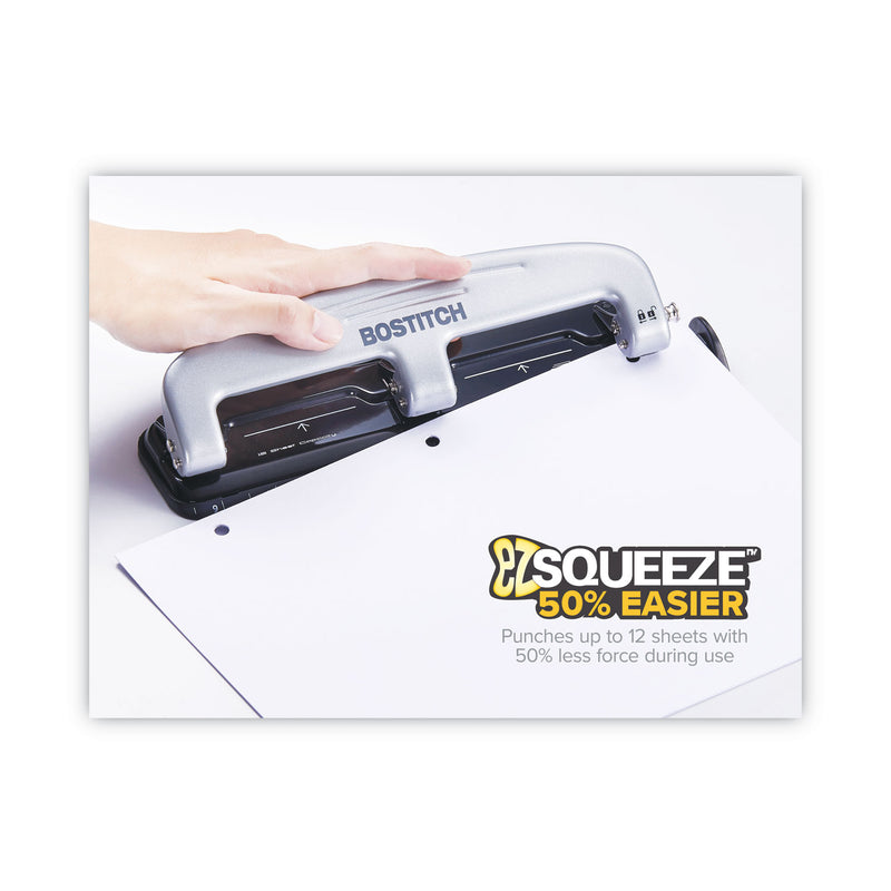 Bostitch 12-Sheet EZ Squeeze Three-Hole Punch, 9/32" Holes, Black/Silver