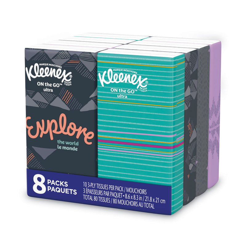 Kleenex On The Go Packs Facial Tissues, 3-Ply, White, 10 Sheets/Pouch, 8 Pouches/Pack