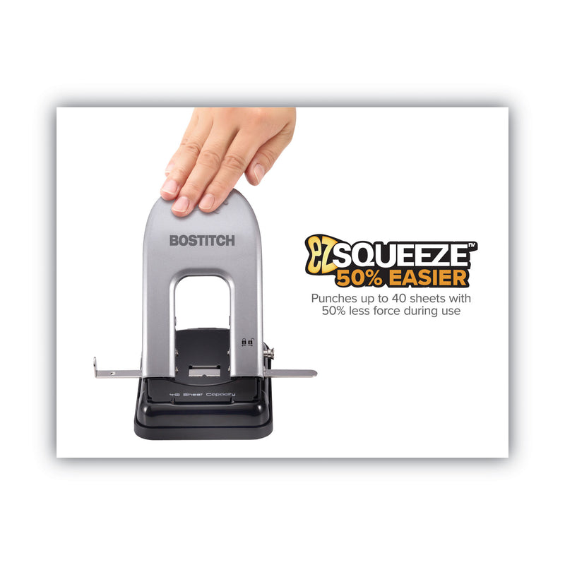 Bostitch 40-Sheet EZ Squeeze Two-Hole Punch, 9/32" Holes, Black/Silver