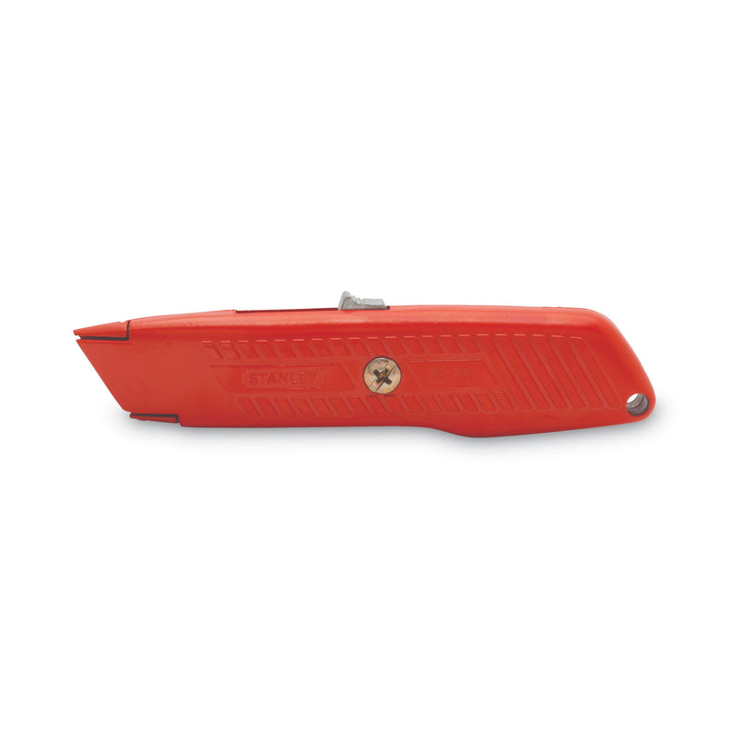 Stanley Interlock Safety Utility Knife with Self-Retracting Round Point Blade, 5.63" Metal Handle, Red Orange