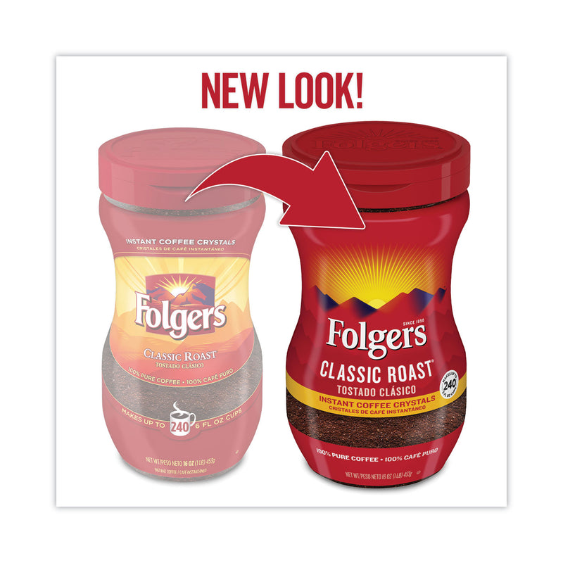 Folgers Instant Coffee Crystals, Classic Roast, 16oz Jar