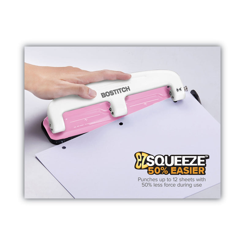 Bostitch 12-Sheet EZ Squeeze InCourage Three-Hole Punch, 9/32" Holes, Pink