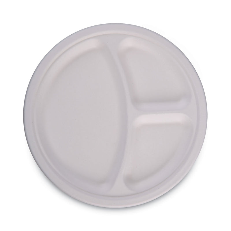 Boardwalk Bagasse Dinnerware, 3-Compartment Plate, 10" dia, White, 500/Carton