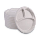 Boardwalk Bagasse Dinnerware, 3-Compartment Plate, 10" dia, White, 500/Carton