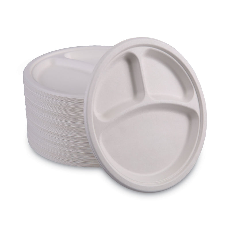 Boardwalk Bagasse Dinnerware, 3-Compartment Plate, 10" dia, White, 500/Carton
