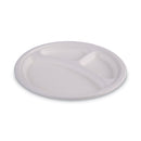 Boardwalk Bagasse Dinnerware, 3-Compartment Plate, 10" dia, White, 500/Carton