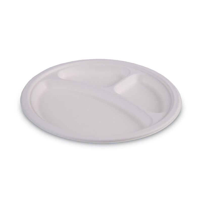 Boardwalk Bagasse Dinnerware, 3-Compartment Plate, 10" dia, White, 500/Carton