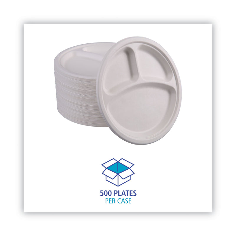 Boardwalk Bagasse Dinnerware, 3-Compartment Plate, 10" dia, White, 500/Carton