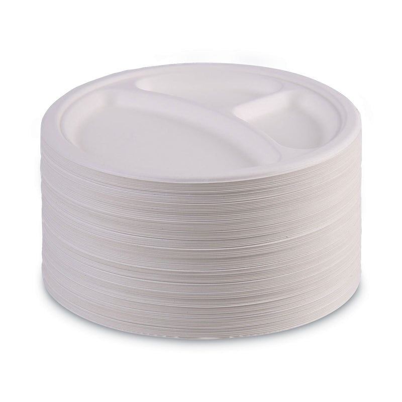 Boardwalk Bagasse Dinnerware, 3-Compartment Plate, 10" dia, White, 500/Carton