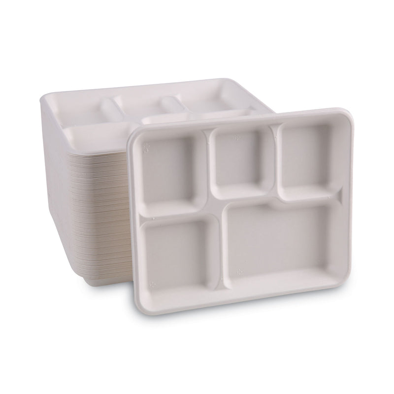 Boardwalk Bagasse Dinnerware, 5-Compartment Tray, 10 x 8, White, 500/Carton