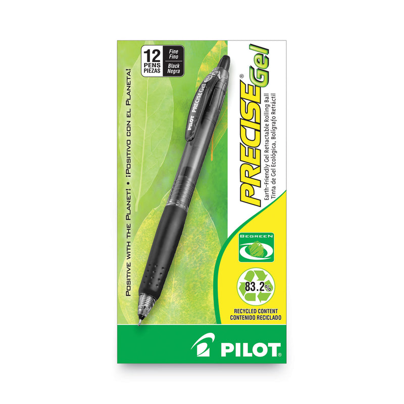 Pilot Precise Gel BeGreen Gel Pen, Retractable, Fine 0.7 mm, Black Ink, Black Barrel, Dozen