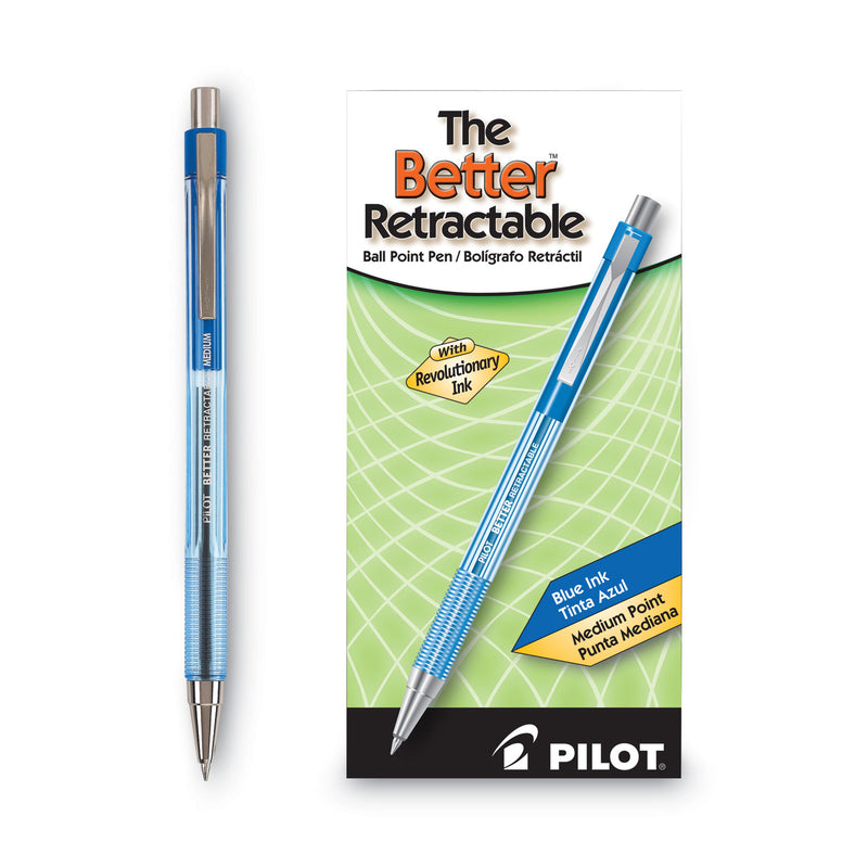 Pilot Better Ballpoint Pen, Retractable, Medium 1 mm, Blue Ink, Translucent Blue Barrel, Dozen