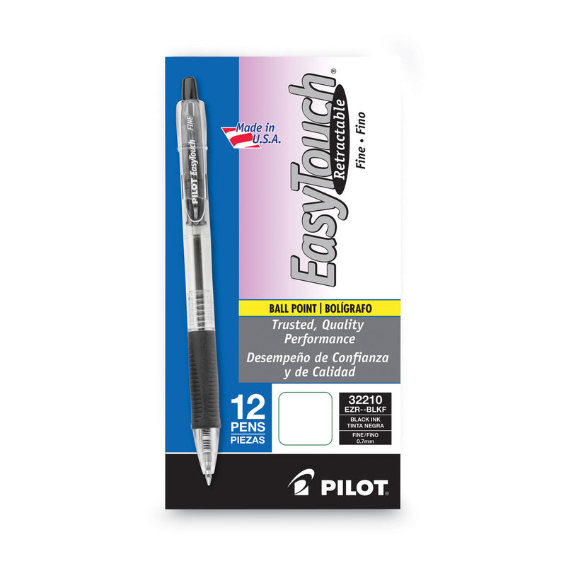 Pilot EasyTouch Ballpoint Pen, Retractable, Fine 0.7 mm, Black Ink, Clear Barrel, Dozen