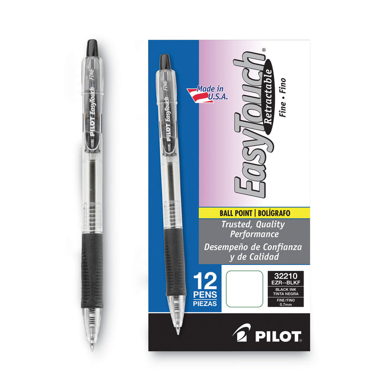 Pilot EasyTouch Ballpoint Pen, Retractable, Fine 0.7 mm, Black Ink, Clear Barrel, Dozen