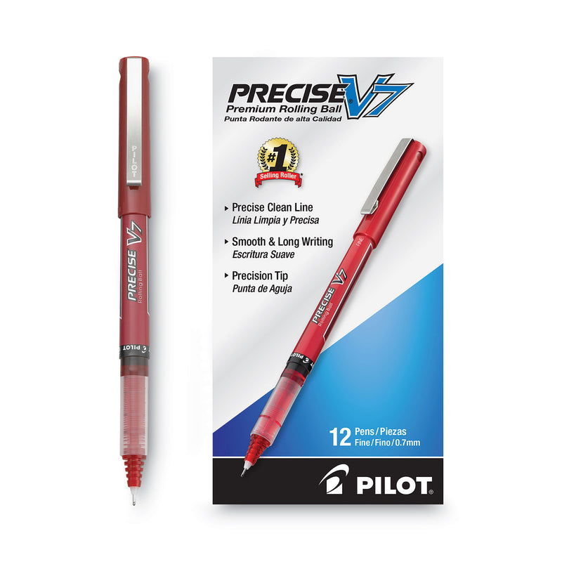 Pilot Precise V7 Roller Ball Pen, Stick, Fine 0.7 mm, Red Ink, Red Barrel, Dozen