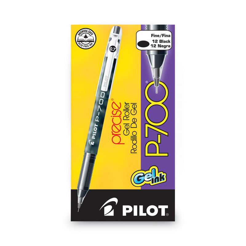 Pilot Precise P-700 Gel Pen, Stick, Fine 0.7 mm, Black Ink, Black Barrel, Dozen