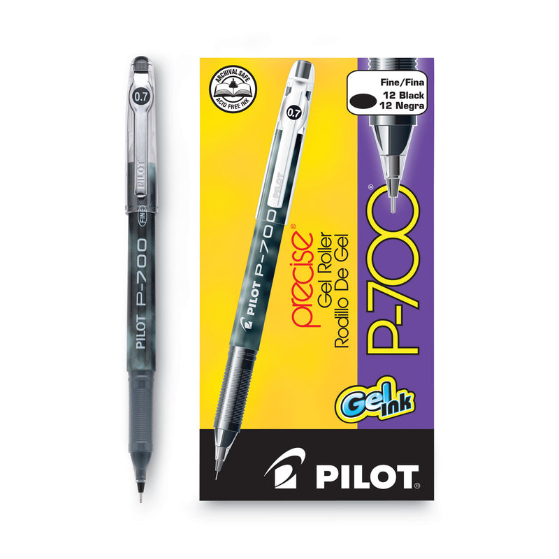 Pilot Precise P-700 Gel Pen, Stick, Fine 0.7 mm, Black Ink, Black Barrel, Dozen