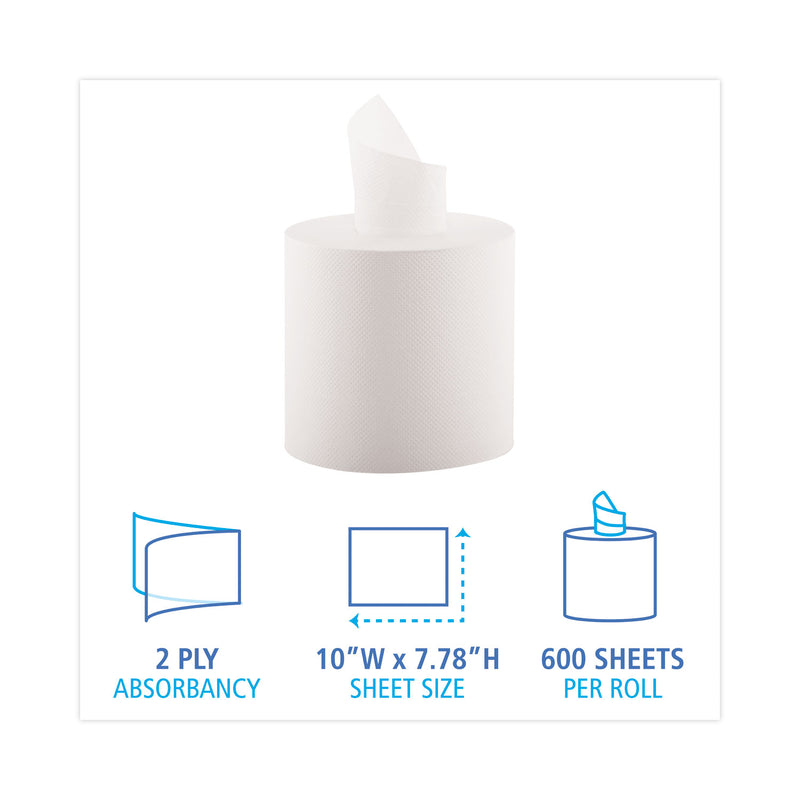 Boardwalk Center-Pull Hand Towels, 2-Ply, Perforated, 7.87 x 10, White, 600/Roll, 6 Rolls/Carton