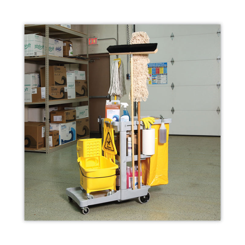 Boardwalk Janitor's Cart, Plastic, 4 Shelves, 1 Bin, 22" x 44" x 38", Gray