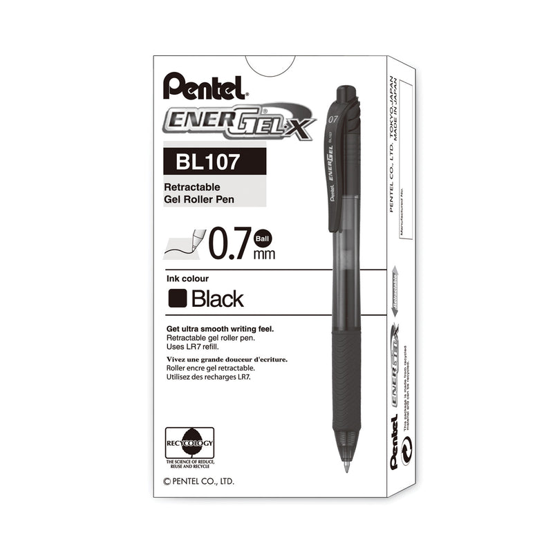 Pentel EnerGel-X Gel Pen, Retractable, Medium 0.7 mm, Black Ink, Black Barrel, Dozen