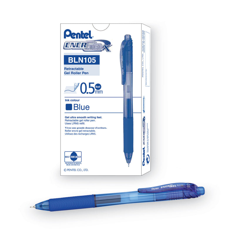 Pentel EnerGel-X Gel Pen, Retractable, Fine 0.5 mm Needle Tip, Blue Ink, Blue Barrel, Dozen